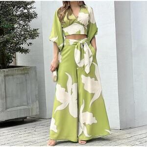 NWT Stylewe Green & White Print Crop Top With High Waist Wide Leg Pants XL